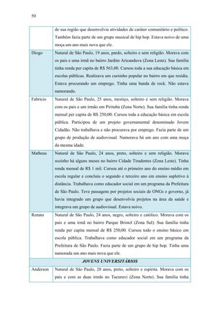 50
de sua região que desenvolvia atividades de caráter comunitário e político.
Também fazia parte de um grupo musical de hip hop. Estava noivo de uma
moça um ano mais nova que ele.
Diogo Natural de São Paulo, 19 anos, pardo, solteiro e sem religião. Morava com
os pais e uma irmã no bairro Jardim Aricanduva (Zona Leste). Sua família
tinha renda per capita de R$ 563,00. Cursou toda a sua educação básica em
escolas públicas. Realizava um cursinho popular no bairro em que residia.
Estava procurando um emprego. Tinha uma banda de rock. Não estava
namorando.
Fabrício Natural de São Paulo, 25 anos, mestiço, solteiro e sem religião. Morava
com os pais e um irmão em Pirituba (Zona Norte). Sua família tinha renda
mensal per capita de R$ 250,00. Cursou toda a educação básica em escola
pública. Participou de um projeto governamental denominado Jovem
Cidadão. Não trabalhava e não procurava por emprego. Fazia parte de um
grupo de produção de audiovisual. Namorava há um ano com uma moça
da mesma idade.
Matheus Natural de São Paulo, 24 anos, preto, solteiro e sem religião. Morava
sozinho há alguns meses no bairro Cidade Tiradentes (Zona Leste). Tinha
renda mensal de R$ 1 mil. Cursou até o primeiro ano do ensino médio em
escola regular e concluiu o segundo e terceiro ano em ensino supletivo à
distância. Trabalhava como educador social em um programa da Prefeitura
de São Paulo. Teve passagens por projetos sociais de ONGs e governo, já
havia integrado um grupo que desenvolvia projetos na área da saúde e
integrava um grupo de audiovisual. Estava noivo.
Renato Natural de São Paulo, 24 anos, negro, solteiro e católico. Morava com os
pais e uma irmã no bairro Parque Bristol (Zona Sul). Sua família tinha
renda per capita mensal de R$ 250,00. Cursou todo o ensino básico em
escola pública. Trabalhava como educador social em um programa da
Prefeitura de São Paulo. Fazia parte de um grupo de hip hop. Tinha uma
namorada um ano mais nova que ele.
JOVENS UNIVERSITÁRIOS
Anderson Natural de São Paulo, 20 anos, preto, solteiro e espírita. Morava com os
pais e com as duas irmãs no Tucuruvi (Zona Norte). Sua família tinha
 