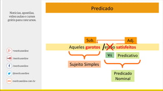 Aqueles garotos estão satisfeitos
Predicado
V.L
Sujeito Simples
Adj.
Predicativo
Predicado
Nominal
Sub.
 