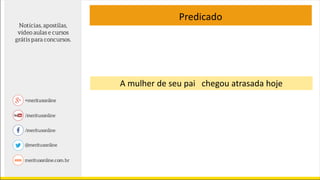 Predicado
A mulher de seu pai chegou atrasada hoje
 