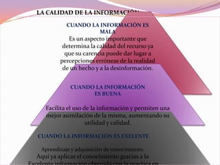 LA CALIDAD DE LA INFORMACIÓN
CUANDO LA INFORMACIÓN ES
MALA
Es un aspecto importante que
determina la calidad del recurso ya
que su carencia puede dar lugar a
percepciones erróneas de la realidad
de un hecho y a la desinformación.
CUANDO LA INFORMACIÓN
ES BUENA
Facilita el uso de la información y permiten una
mejor asimilación de la misma, aumentando su
utilidad y calidad.
CUANDO LA INFORMACION ES EXELENTE
Aprendizaje y adquisición de conocimiento.
Aquí ya aplicas el conocimiento gracias a la