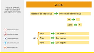 VERBO
Presente do Indicativo
AR
Faço
Presente do subjuntivo
E
ER/IR A
Ando
Parto
Que eu faça
Que eu ande
Que eu parta
Ex:
 