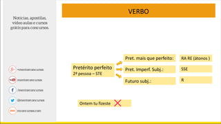 VERBO
Pretérito perfeito
2ª pessoa – STE
Pret. mais que perfeito:
Pret. Imperf. Subj.:
Futuro subj.:
RA RE (átonos )
SSE
R
Ontem tu fizeste
 