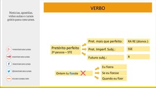 VERBO
Pretérito perfeito
2ª pessoa – STE
Pret. mais que perfeito:
Pret. Imperf. Subj.:
Futuro subj.:
RA RE (átonos )
SSE
R
Ontem tu fizeste
Eu fizera
Se eu fizesse
Quando eu fizer
 
