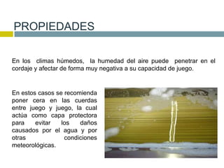 En los climas húmedos, la humedad del aire puede penetrar en el
cordaje y afectar de forma muy negativa a su capacidad de juego.
En estos casos se recomienda
poner cera en las cuerdas
entre juego y juego, la cual
actúa como capa protectora
para evitar los daños
causados por el agua y por
otras condiciones
meteorológicas.
PROPIEDADES
 