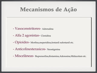 Mecanismos de Ação
¨ - Vasoconstritores- Adrenalina
 - Alfa 2 agonistas- Clonidina
 - Opioides- Morfina,meperidina,fentanil sufentanil etc.
 - Anticolinesterasicos- Neostigmina
 - Miscelâneas- Buprenorfina,Ketamina,Adenosina,Midazolam etc.
 