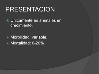 PRESENTACION
   Únicamente en animales en
    crecimiento.

 Morbilidad: variable.
 Mortalidad: 0-20%
 