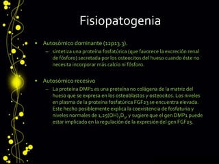 Fisiopatogenia
• Autosómico dominante (12p13.3).
– sintetiza una proteína fosfatúrica (que favorece la excreción renal
de fósforo) secretada por los osteocitos del hueso cuando éste no
necesita incorporar más calcio ni fósforo.
• Autosómico recesivo
– La proteína DMP1 es una proteína no colágena de la matriz del
hueso que se expresa en los osteoblastos y osteocitos. Los niveles
en plasma de la proteína fosfatúrica FGF23 se encuentra elevada.
Este hecho posiblemente explica la coexistencia de fosfaturia y
niveles normales de 1,25(OH)2D3, y sugiere que el gen DMP1 puede
estar implicado en la regulación de la expresión del gen FGF23.
 