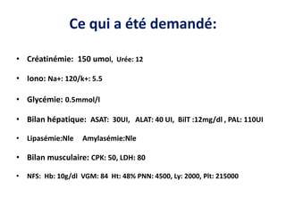 Ce qui a été demandé:
• Créatinémie: 150 umol, Urée: 12
• Iono: Na+: 120/k+: 5.5
• Glycémie: 0.5mmol/l
• Bilan hépatique: ASAT: 30UI, ALAT: 40 UI, BilT :12mg/dl , PAL: 110UI
• Lipasémie:Nle Amylasémie:Nle
• Bilan musculaire: CPK: 50, LDH: 80
• NFS: Hb: 10g/dl VGM: 84 Ht: 48% PNN: 4500, Ly: 2000, Plt: 215000
 