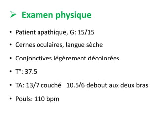  Examen physique
• Patient apathique, G: 15/15
• Cernes oculaires, langue sèche
• Conjonctives légèrement décolorées
• T°: 37.5
• TA: 13/7 couché 10.5/6 debout aux deux bras
• Pouls: 110 bpm
 