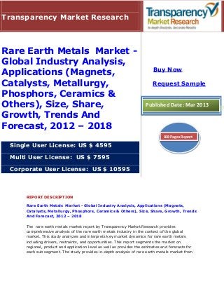 Transparency Market Research



Rare Earth Metals Market -
Global Industry Analysis,
                                                                          Buy Now
Applications (Magnets,
Catalysts, Metallurgy,                                                    Request Sample
Phosphors, Ceramics &
Others), Size, Share,                                                 Published Date: Mar 2013
Growth, Trends And
Forecast, 2012 – 2018
                                                                               108 Pages Report

 Single User License: US $ 4595

 Multi User License: US $ 7595

 Corporate User License: US $ 10595



     REPORT DESCRIPTION

     Rare Earth Metals Market - Global Industry Analysis, Applications (Magnets,
     Catalysts, Metallurgy, Phosphors, Ceramics & Others), Size, Share, Growth, Trends
     And Forecast, 2012 – 2018

     The rare earth metals market report by Transparency Market Research provides
     comprehensive analysis of the rare earth metals industry in the context of the global
     market. This study analyzes and interprets key market dynamics for rare earth metals
     including drivers, restraints, and opportunities. This report segments the market on
     regional, product and application level as well as provides the estimates and forecasts for
     each sub segment. The study provides in-depth analysis of rare earth metals market from
 