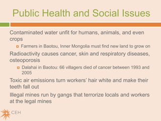 China’s DominanceREE output grew from 2,600 tons in 1996 to 39,000 tons in 2006China limiting REE exports: 50,000 tons in 2009 down to 30,000 tons in 2010More internal demand, reducing mine output and illegal operationsTax rare earth exports up to 25%May limit exports to finished products instead of oxides and metals as wellCut off exports to Japan for 2 months in end of 2010Prices continue to go up