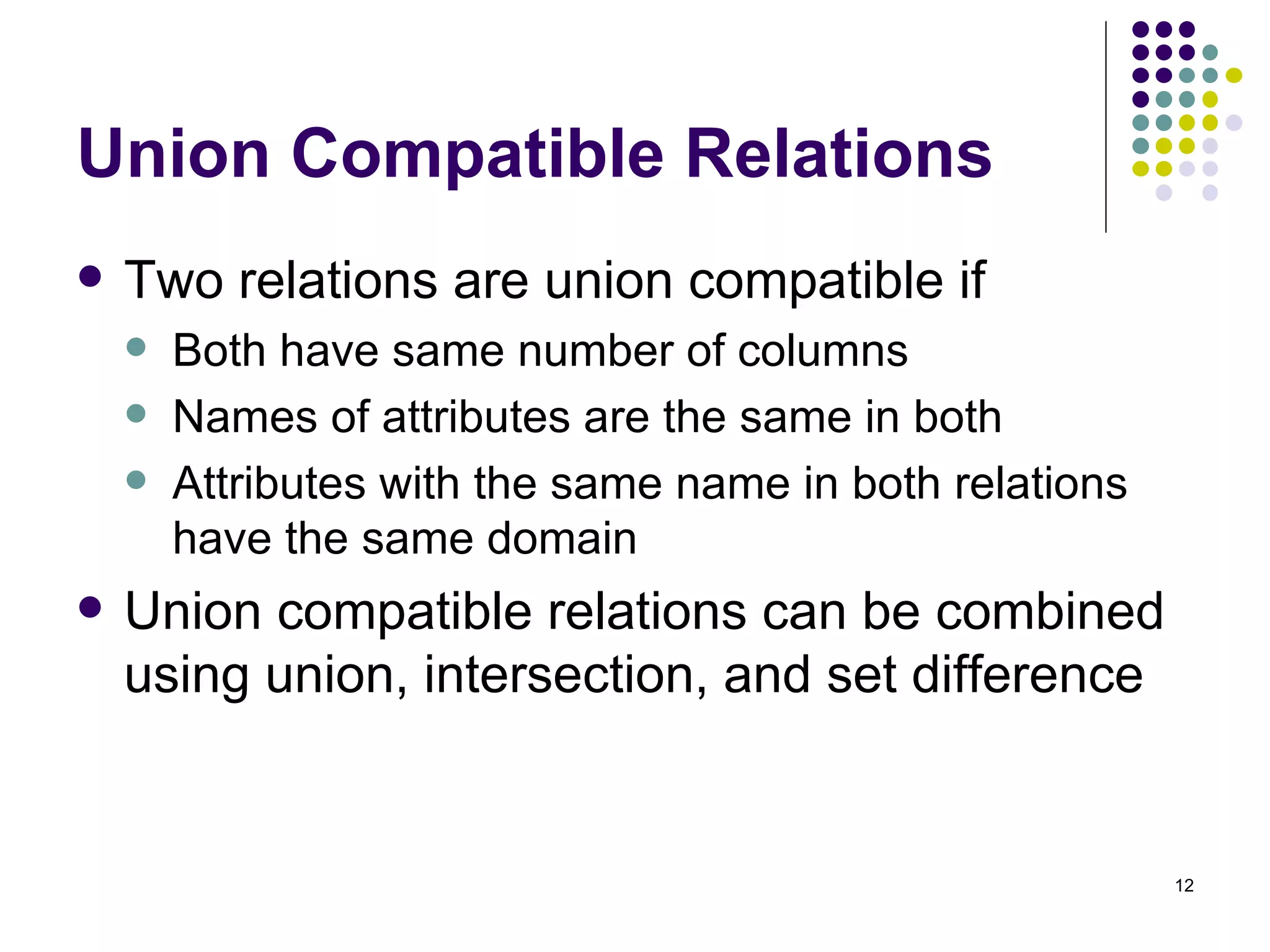 Union Compatible Relations Two relations are union compatible if Both have same number of columns Names of attributes are the same in both Attributes with the same name in both relations have the same domain Union compatible relations can be combined using union, intersection, and set difference 