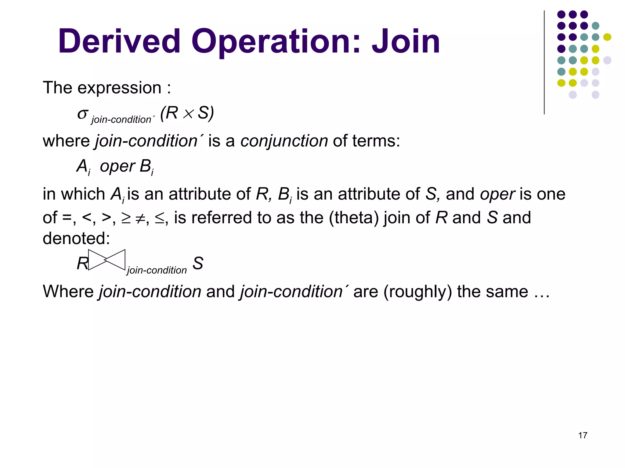 Derived Operation: Join The expression :    join-condition ´  (R    S)  where  join-condition ´  is a  conjunction  of terms: A i   oper B i in which  A i  is an attribute of  R,   B i  is an attribute of  S,  and  oper  is one of =, <, >,      ,   , is referred to as the (theta) join of  R  and  S  and denoted: R   join-condition   S Where  join-condition  and  join-condition ´  are (roughly) the same … 