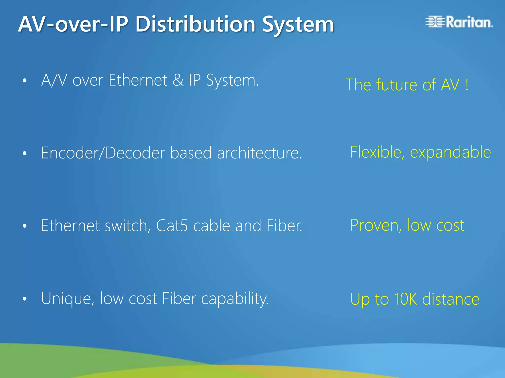 AV-over-IP Distribution System
• A/V over Ethernet & IP System.
• Encoder/Decoder based architecture.
• Ethernet switch, Cat5 cable and Fiber.
• Unique, low cost Fiber capability.
The future of AV !
Flexible, expandable
Proven, low cost
Up to 10K distance
 