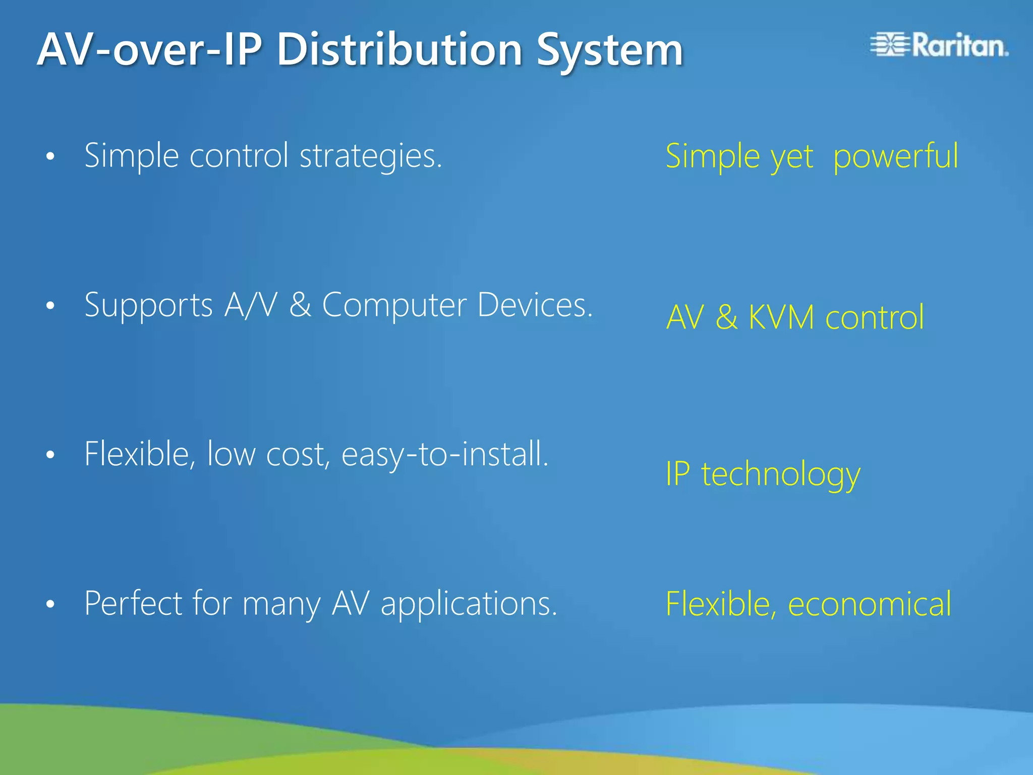 AV-over-IP Distribution System
• Simple control strategies.
• Supports A/V & Computer Devices.
• Flexible, low cost, easy-to-install.
• Perfect for many AV applications.
Simple yet powerful
AV & KVM control
IP technology
Flexible, economical
 