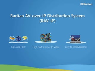 Raritan AV-over-IP Distribution System
(RAV-IP)
Cat5 and Fiber High Performance IP Video Easy to Install/Expand
 