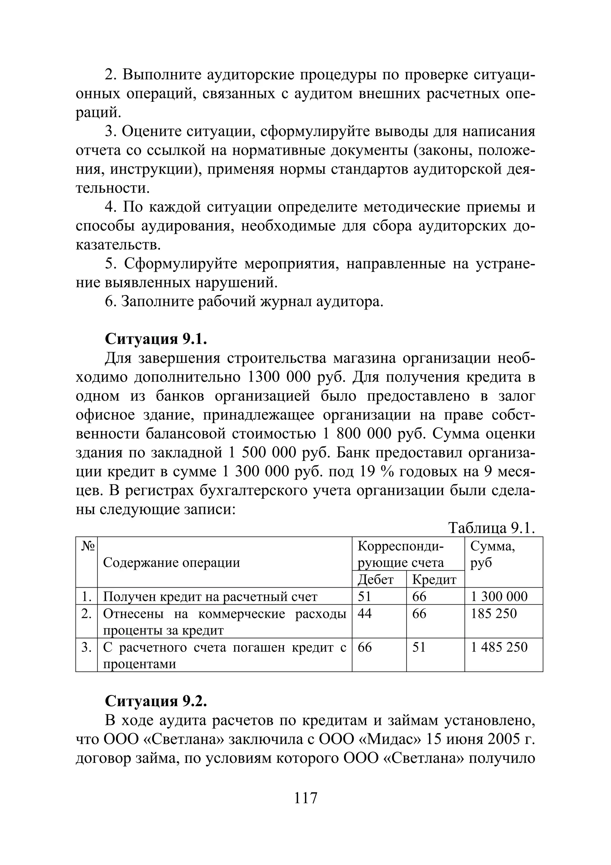 117
2. Выполните аудиторские процедуры по проверке ситуаци-
онных операций, связанных с аудитом внешних расчетных опе-
раций.
3. Оцените ситуации, сформулируйте выводы для написания
отчета со ссылкой на нормативные документы (законы, положе-
ния, инструкции), применяя нормы стандартов аудиторской дея-
тельности.
4. По каждой ситуации определите методические приемы и
способы аудирования, необходимые для сбора аудиторских до-
казательств.
5. Сформулируйте мероприятия, направленные на устране-
ние выявленных нарушений.
6. Заполните рабочий журнал аудитора.
Ситуация 9.1.
Для завершения строительства магазина организации необ-
ходимо дополнительно 1300 000 руб. Для получения кредита в
одном из банков организацией было предоставлено в залог
офисное здание, принадлежащее организации на праве собст-
венности балансовой стоимостью 1 800 000 руб. Сумма оценки
здания по закладной 1 500 000 руб. Банк предоставил организа-
ции кредит в сумме 1 300 000 руб. под 19 % годовых на 9 меся-
цев. В регистрах бухгалтерского учета организации были сдела-
ны следующие записи:
Таблица 9.1.
№
Содержание операции
Корреспонди-
рующие счета
Сумма,
руб
Дебет Кредит
1. Получен кредит на расчетный счет 51 66 1 300 000
2. Отнесены на коммерческие расходы
проценты за кредит
44 66 185 250
3. С расчетного счета погашен кредит с
процентами
66 51 1 485 250
Ситуация 9.2.
В ходе аудита расчетов по кредитам и займам установлено,
что ООО «Светлана» заключила с ООО «Мидас» 15 июня 2005 г.
договор займа, по условиям которого ООО «Светлана» получило
Copyright ОАО «ЦКБ «БИБКОМ» & ООО «Aгентство Kнига-Cервис»
 