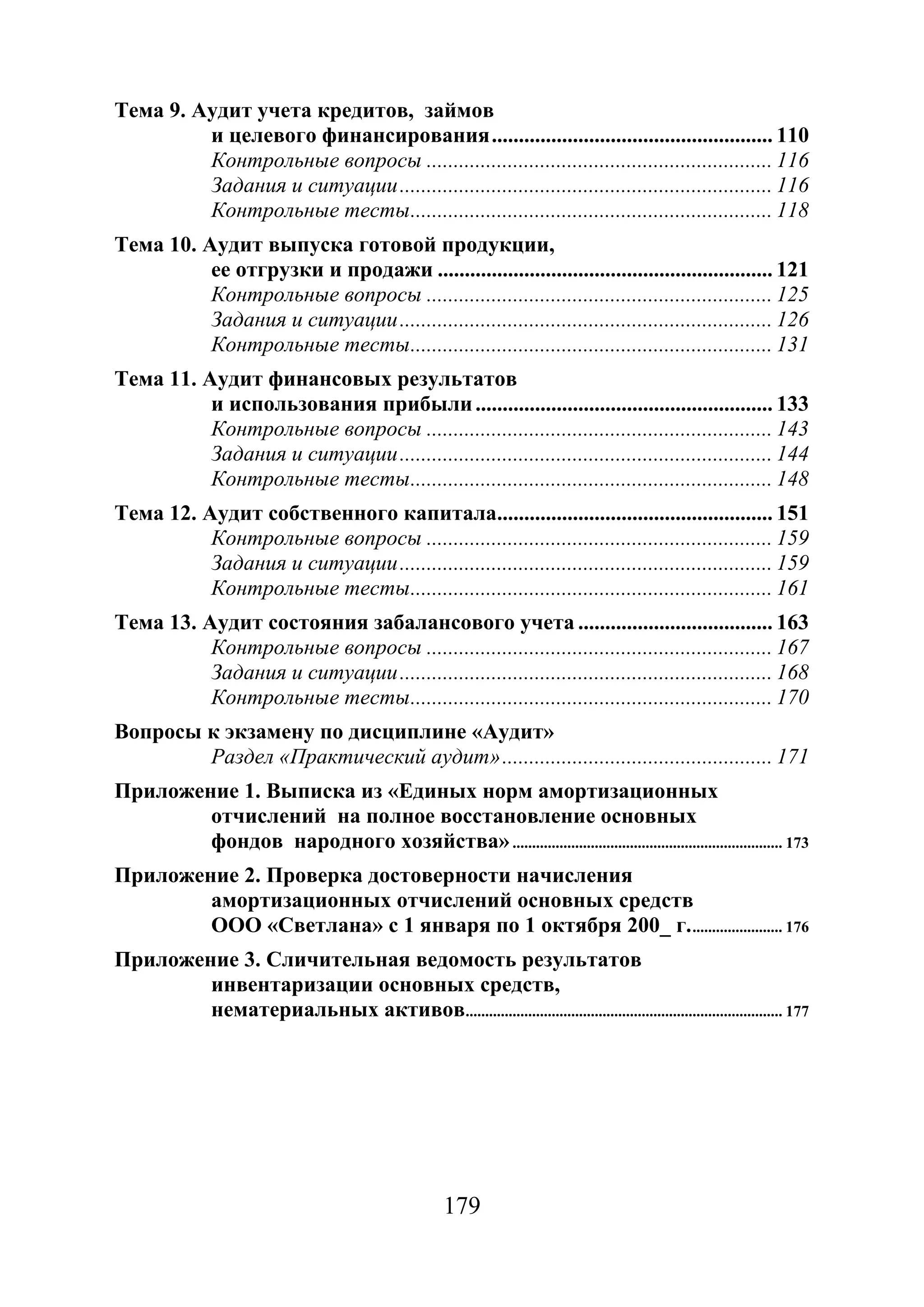 179
Тема 9. Аудит учета кредитов, займов
и целевого финансирования.................................................... 110
Контрольные вопросы ................................................................ 116
Задания и ситуации..................................................................... 116
Контрольные тесты................................................................... 118
Тема 10. Аудит выпуска готовой продукции,
ее отгрузки и продажи .............................................................. 121
Контрольные вопросы ................................................................ 125
Задания и ситуации..................................................................... 126
Контрольные тесты................................................................... 131
Тема 11. Аудит финансовых результатов
и использования прибыли....................................................... 133
Контрольные вопросы ................................................................ 143
Задания и ситуации..................................................................... 144
Контрольные тесты................................................................... 148
Тема 12. Аудит собственного капитала................................................... 151
Контрольные вопросы ................................................................ 159
Задания и ситуации..................................................................... 159
Контрольные тесты................................................................... 161
Тема 13. Аудит состояния забалансового учета .................................... 163
Контрольные вопросы ................................................................ 167
Задания и ситуации..................................................................... 168
Контрольные тесты................................................................... 170
Вопросы к экзамену по дисциплине «Аудит»
Раздел «Практический аудит».................................................. 171
Приложение 1. Выписка из «Единых норм амортизационных
отчислений на полное восстановление основных
фондов народного хозяйства»..................................................................... 173
Приложение 2. Проверка достоверности начисления
амортизационных отчислений основных средств
ООО «Светлана» с 1 января по 1 октября 200_ г........................ 176
Приложение 3. Сличительная ведомость результатов
инвентаризации основных средств,
нематериальных активов................................................................................. 177
Copyright ОАО «ЦКБ «БИБКОМ» & ООО «Aгентство Kнига-Cервис»
 