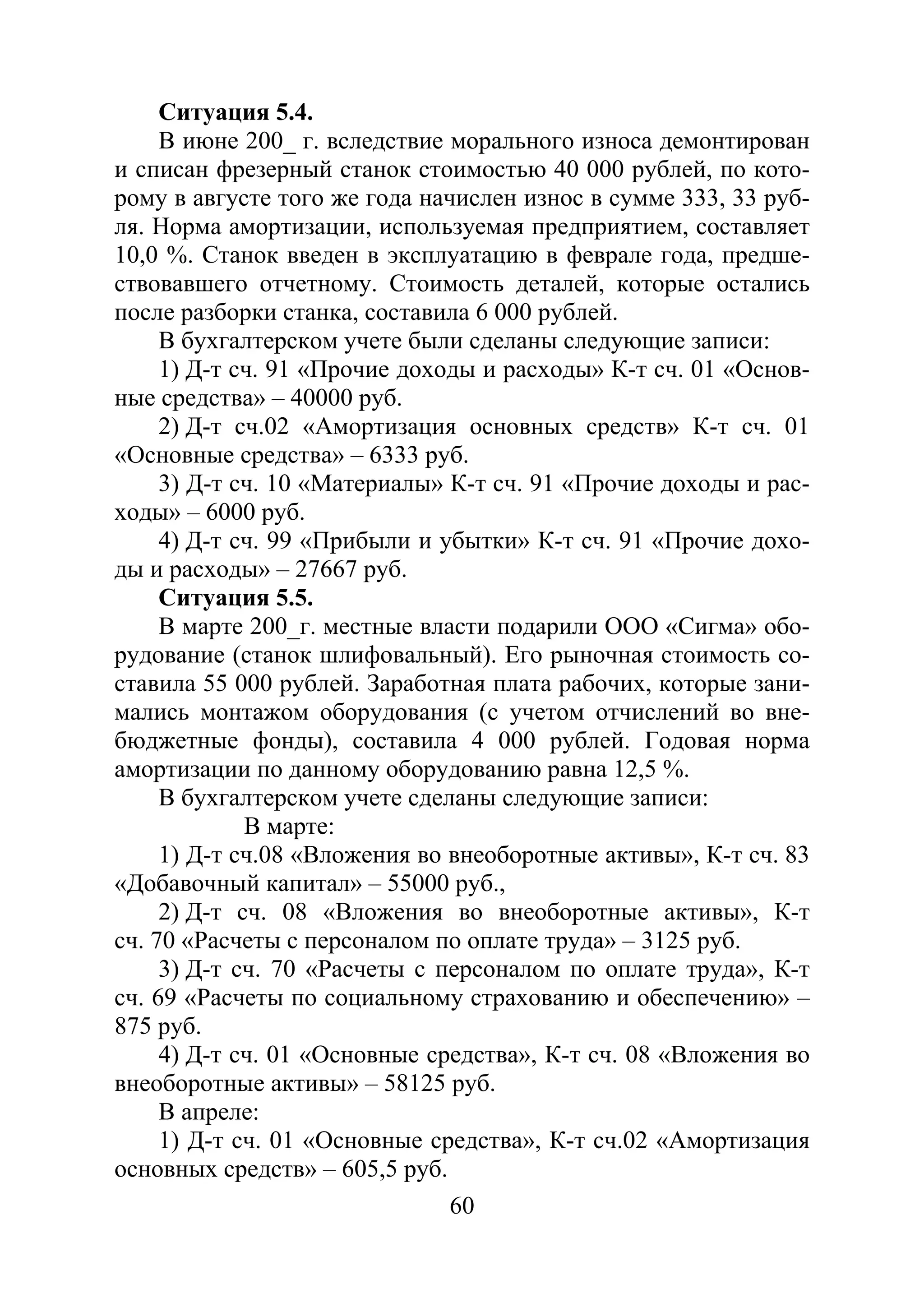 60
Ситуация 5.4.
В июне 200_ г. вследствие морального износа демонтирован
и списан фрезерный станок стоимостью 40 000 рублей, по кото-
рому в августе того же года начислен износ в сумме 333, 33 руб-
ля. Норма амортизации, используемая предприятием, составляет
10,0 %. Станок введен в эксплуатацию в феврале года, предше-
ствовавшего отчетному. Стоимость деталей, которые остались
после разборки станка, составила 6 000 рублей.
В бухгалтерском учете были сделаны следующие записи:
1) Д-т сч. 91 «Прочие доходы и расходы» К-т сч. 01 «Основ-
ные средства» – 40000 руб.
2) Д-т сч.02 «Амортизация основных средств» К-т сч. 01
«Основные средства» – 6333 руб.
3) Д-т сч. 10 «Материалы» К-т сч. 91 «Прочие доходы и рас-
ходы» – 6000 руб.
4) Д-т сч. 99 «Прибыли и убытки» К-т сч. 91 «Прочие дохо-
ды и расходы» – 27667 руб.
Ситуация 5.5.
В марте 200_г. местные власти подарили ООО «Сигма» обо-
рудование (станок шлифовальный). Его рыночная стоимость со-
ставила 55 000 рублей. Заработная плата рабочих, которые зани-
мались монтажом оборудования (с учетом отчислений во вне-
бюджетные фонды), составила 4 000 рублей. Годовая норма
амортизации по данному оборудованию равна 12,5 %.
В бухгалтерском учете сделаны следующие записи:
В марте:
1) Д-т сч.08 «Вложения во внеоборотные активы», К-т сч. 83
«Добавочный капитал» – 55000 руб.,
2) Д-т сч. 08 «Вложения во внеоборотные активы», К-т
сч. 70 «Расчеты с персоналом по оплате труда» – 3125 руб.
3) Д-т сч. 70 «Расчеты с персоналом по оплате труда», К-т
сч. 69 «Расчеты по социальному страхованию и обеспечению» –
875 руб.
4) Д-т сч. 01 «Основные средства», К-т сч. 08 «Вложения во
внеоборотные активы» – 58125 руб.
В апреле:
1) Д-т сч. 01 «Основные средства», К-т сч.02 «Амортизация
основных средств» – 605,5 руб.
Copyright ОАО «ЦКБ «БИБКОМ» & ООО «Aгентство Kнига-Cервис»
 