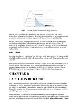 Figure 1.1: Fonds propres économiques et réglementaires

La divergence entre les approches utilisées pour le risque réglementaire et le risque
économique, qui a eu pour conséquence des objectifs contradictoires en termes de gestion du
capital, a constitué un des problèmes majeurs soulevés par le nouvel accord de Bâle.

En effet, dans le cadre des propositions initiales du nouvel accord de Bâle, le calibrage en
matière d'exigence relative aux fonds propres était flou et non systématique. Grâce au
processus de consultation mis en place par le Comité de Bâle, on a pu assister ces dernières
années à une amélioration entre les approches propres au capital économique et au capital
réglementaire.

CONCLUSION

Dans son nouvel accord et à travers l'approche basée sur la notation interne, le comité de Bâle
a incité les établissements de crédit à développer leurs propres outils d'appréciation du risque
de crédit.

Cette incitation a poussé de nombreuses banques à adopter de nouvelles méthodes utilisant la
notation interne, particulièrement celles fondées sur un concept devenu commun dans le
domaine bancaire, connu sous l'appellation RAROC ou Risk Adjusted Return On Capital.
L'objet du chapitre suivant sera de mettre l'accent sur l'aspect théorique de ce concept.


CHAPITRE I:
LA NOTION DE RAROC
Dans l'environnement bancaire, la gestion des risques et de la rentabilité sont indissociables.
D'une part, les risques engendrent l'instabilité des résultats de la banque. D'autre part la prise
des risques est la condition d'une meilleure rentabilité future. Savoir gérer le couple Risque-
Rentabilité constitue pour la banque un atout incontestable dans un environnement instable et
caractérisé par la concurrence.

Etant conscientes de cette réalité, de nombreuses banques ont développé des méthodes
avancées leurs permettant une meilleure gestion du couple Risque-Rentabilité. La plus utilisée
parmi ces méthodes est connue sous le nom RAROC pour Risk Adjested Return On Capial.
 