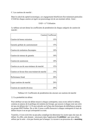 C. Les cautions de marché :

Dans le calcul du capital économique, ces engagements bénéficient d'un traitement particulier.
L'EAD de chaque caution est égal à un pourcentage (á) de son montant utilisé. Ainsi :

                                     EAD = á * Utilisation

Le tableau suivant donne les coefficients de pondération de chaque catégorie de caution de
marché :

                                        Caution Coefficient

Caution de bonne exécution                              15%

Garantie globale de cautionnement                       15%

Caution de restitution d'acomptes                       10%

Caution de retenue de garantie                          10%

Caution de soumission                                   10%

Caution en cas de sous-traitance de marché              15%

Caution en faveur d'un sous-traitant de marché          15%

Performance bond                                        20%

Ligne cautions de marché                                20%

Cautions de marché diverses                             20%

         Tableau 4.4: Coefficients de pondération des encours sur cautions de marché

2.2 La probabilité de défaut:

Pour attribuer un taux de défaut moyen à chaque contrepartie, nous avons utilisé le tableau
contenu en annexe de la politique de notation du Groupe, qui associe à chaque note une série
de taux de défauts (de 1 à 10 ans) calculés sur la base des historiques de défaillances propres
au groupe BNP Paribas. De ce fait, il nous a suffit d'associer à chaque contrepartie le taux de
défaut moyen à un an qui correspond à sa note.

Toutefois, il s'est avéré être un peu plus compliqué de déterminer les écarts types des taux de
défaut. En effet, cette donnée - nécessaire dans l'application CreditRisk+ que nous allons
utiliser par la suite - n'est pas fournie par la banque. Le recours à un processus de « matching
 