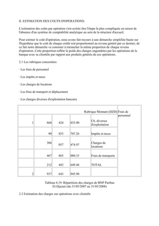 II. ESTIMATION DES COUTS D'OPERATIONS:

L'estimation des coûts par opération s'est avérée être l'étape la plus compliquée en raison de
l'absence d'un système de comptabilité analytique au sein de la structure d'accueil.

Pour estimer le coût d'opération, nous avons fait recours à une démarche simplifiée basée sur
l'hypothèse que le coût de chaque crédit soit proportionnel au revenu généré par ce dernier, de
ce fait notre démarche va consister à retrancher la même proportion de chaque revenu
d'opération. Cette proportion reflète le poids des charges engendrées par les opérations de la
banque avec sa clientèle par rapport aux produits générés de ces opérations.

2.1 Les rubriques concernées:

· Les frais de personnel

· Les impôts et taxes

· Les charges de locations

· Les frais de transport et déplacement

· Les charges diverses d'exploitation bancaire


                                                    Rubrique Montant (DZD) Frais de
                                                                           personnel
                                                           Ch. diverses
          1             860     424       033.90
                                                           d'exploitation

                         90     853       707.26           Impôts et taxes

                        306                                Charges de
                                057       474.97
                                                           locations

                        467     865       080.33           Frais de transports

                        212     443       649.44           TOTAL

          2             937     643       945.90

                    Tableau 4.19: Répartition des charges de BNP Paribas
                         El-Djazair (du 31/05/2007 au 31/05/2008)

2.2 Estimation des charges sur opérations avec clientèle
 