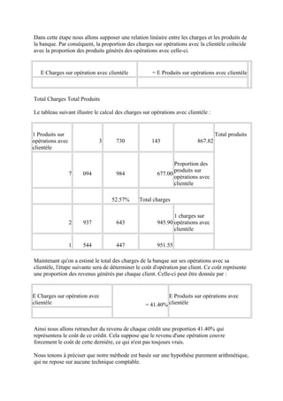Dans cette étape nous allons supposer une relation linéaire entre les charges et les produits de
la banque. Par conséquent, la proportion des charges sur opérations avec la clientèle coïncide
avec la proportion des produits générés des opérations avec celle-ci.


   E Charges sur opération avec clientèle             = E Produits sur opérations avec clientèle



Total Charges Total Produits

Le tableau suivant illustre le calcul des charges sur opérations avec clientèle :


1 Produits sur                                                                      Total produits
opérations avec              3       730              143                  867.82
clientèle

                                                               Proportion des
                                                               produits sur
                  7   094            984                677.00
                                                               opérations avec
                                                               clientèle

                                   52.57%       Total charges

                                                               1 charges sur
                  2   937            643                945.90 opérations avec
                                                               clientèle

                  1   544            447                951.55

Maintenant qu'on a estimé le total des charges de la banque sur ses opérations avec sa
clientèle, l'étape suivante sera de déterminer le coût d'opération par client. Ce coût représente
une proportion des revenus générés par chaque client. Celle-ci peut être donnée par :


E Charges sur opération avec                                E Produits sur opérations avec
clientèle                                          = 41.40% clientèle



Ainsi nous allons retrancher du revenu de chaque crédit une proportion 41.40% qui
représentera le coût de ce crédit. Cela suppose que le revenu d'une opération couvre
forcement le coût de cette dernière, ce qui n'est pas toujours vrais.

Nous tenons à préciser que notre méthode est basée sur une hypothèse purement arithmétique,
qui ne repose sur aucune technique comptable.
 