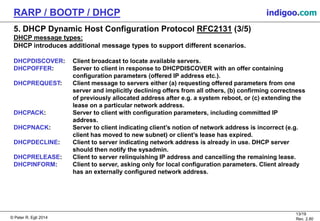 © Peter R. Egli 2015
13/19
Rev. 2.80
RARP / BOOTP / DHCP indigoo.com
5. DHCP Dynamic Host Configuration Protocol RFC2131 (3/5)
DHCP message types:
DHCP introduces additional message types to support different scenarios.
DHCPDISCOVER: Client broadcast to locate available servers.
DHCPOFFER: Server to client in response to DHCPDISCOVER with an offer containing
configuration parameters (offered IP address etc.).
DHCPREQUEST: Client message to servers either (a) requesting offered parameters from one
server and implicitly declining offers from all others, (b) confirming correctness
of previously allocated address after e.g. a system reboot, or (c) extending the
lease on a particular network address.
DHCPACK: Server to client with configuration parameters, including committed IP
address.
DHCPNACK: Server to client indicating client’s notion of network address is incorrect (e.g.
client has moved to new subnet) or client’s lease has expired.
DHCPDECLINE: Client to server indicating network address is already in use. DHCP server
should then notify the sysadmin.
DHCPRELEASE: Client to server relinquishing IP address and cancelling the remaining lease.
DHCPINFORM: Client to server, asking only for local configuration parameters. Client already
has an externally configured network address.
 