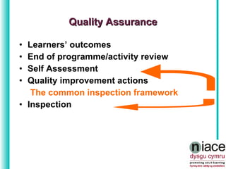 Quality Assurance Learners’ outcomes End of programme/activity review Self Assessment  Quality improvement actions The common inspection framework Inspection 