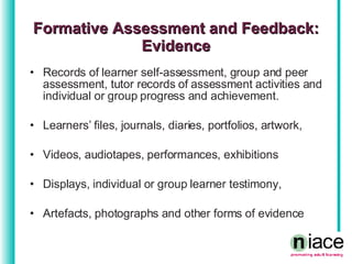 Records of learner self-assessment, group and peer assessment, tutor records of assessment activities and individual or group progress and achievement. Learners’ files, journals, diaries, portfolios, artwork, Videos, audiotapes, performances, exhibitions Displays, individual or group learner testimony, Artefacts, photographs and other forms of evidence Formative Assessment and Feedback: Evidence 
