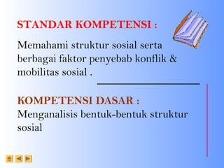 KOMPETENSI DASAR :
Menganalisis bentuk-bentuk struktur
sosial
STANDAR KOMPETENSI :
Memahami struktur sosial serta
berbagai faktor penyebab konflik &
mobilitas sosial .
 