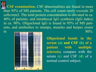 CSF examination.   CSF abnormalities are found in   more than 95% of MS patients. The cell count   rarely exceeds 20 cells/mm3. The total protein   concentration is elevated in ca. 40% of patients,   and intrathecal IgG synthesis (IgG index) in ca.   90%. Oligoclonal IgG is found in 95% of MS   pati - ents, and antibodies to mumps, measles and   herpes zoster in 80%. Oligoclonal bands in the serum  (a)   and CSF  (b)   of a   patient with multiple sclerosis ;  compare with the serum  ( c )  and   CSF  ( d )  of a normal control subject. 