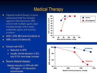 Medical Therapy
 Optimal medical therapy in recent
randomized trials has included
aggressive blood pressure (BP)
control with multiple agents, lipid
lowering therapy with a statin,
antiplatelet agents and smoking
cessation
 ACE-I, CCB, BB (Level of evidence A)
 ARB ( Level of Evidence B)
 Concern with ACE-I
 Reduction In GFR.
 Usually minimal elevation in SCr.,
only 5-10% have larger increase
 Severe bilateral disease:
Marked reduction in GFR with ANY
HTN agent. -- intervention
recommended
 