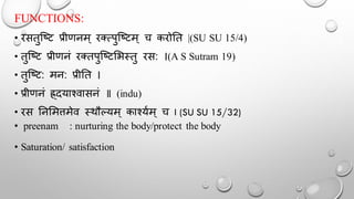 FUNCTIONS:
• रसतुन्ष्ट प्रीणनम् रक्त्पुन्ष्टम् च करोतत |(SU SU 15/4)
• तुन्ष्ट प्रीणनं रक्तपुन्ष्टमभस्तु रस: ।(A S Sutram 19)
• तुन्ष्ट: मन: प्रीतत ।
• प्रीणनं ह्र्दयाश्वासनं ॥ (indu)
• रस तनममत्तमेव स्र्ौल्यम् काश्यथम् च I (SU SU 15/32)
• preenam : nurturing the body/protect the body
• Saturation/ satisfaction
 