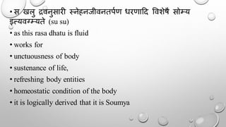 • स खलु द्रवनुसारी स्नेहनजीवनतपथण धरणादद र्वशेषै सोम्य
इत्यवग्म्यते (su su)
• as this rasa dhatu is fluid
• works for
• unctuousness of body
• sustenance of life,
• refreshing body entities
• homeostatic condition of the body
• it is logically derived that it is Soumya
 