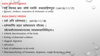 RASA DHATU KSHAYA
• रसे रौक्ष्यम ् भ्रम: शोषो ग्लातन: शब्दासदहष्णुता । (AH SU 11/17)
• Dryness, tiredness, emaciation & intolerance to sound
RASA DHATU VRDDHI
• रसो अर्प श्लेष्मवत ्| (AH SU 11/18)
• श्लेष्मान्ग्न सदन प्रसेकालस्य गौरवम ् |
श्वैत्यशौत्यश्लर्ान्गत्वम ् श्वासकासातततनद्रता II
• whitish discolouration of the body
• feeling of abnormal coldness
• sluggish digestion
• salivation
• lack of enthusiasm to do work
• Heaviness,feeling of looseness, dyspnoea, cough &excessive sleep
 