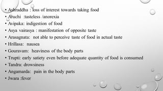 • Ashraddha : loss of interest towards taking food
• Aruchi :tasteless /anorexia
• Avipaka: indigestion of food
• Asya vairasya : manifestation of opposite taste
• Arasagnata: not able to perceive taste of food in actual taste
• Hrillasa: nausea
• Gouravam: heaviness of the body parts
• Trupti: early satiety even before adequate quantity of food is consumed
• Tandra: drowsiness
• Angamarda: pain in the body parts
• Jwara :fever
 