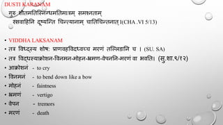 DUSTI KARANAM
गुरु शीतमततन्स्नग्धमततमIत्रम् समश्नताम्
रसवादहतन दूष्यन्न्त चचन्त्यानाम् चाततचचन्तनात्I(CHA .VI 5/13)
• VIDDHA LAKSANAM
• तत्र र्वर्धद्स्य शोष: प्राणवहर्वदर्धवच्च मरणं तन्ल्लडातन च । (SU. SA)
• तत्र र्वद्धस्याक्रोशन-र्वनमन-मोहन-भ्रमण-वेपनतन-मरणं वा भवतत। (सु.शा.९/१२)
• आक्रोशनं - to cry
• र्वनमनं - to bend down like a bow
• मोहनं - faintness
• भ्रमणं - vertigo
• वेपन - tremors
• मरणं - death
 