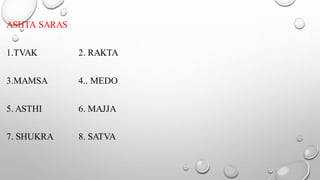 ASHTA SARAS
1.TVAK 2. RAKTA
3.MAMSA 4.. MEDO
5. ASTHI 6. MAJJA
7. SHUKRA 8. SATVA
 