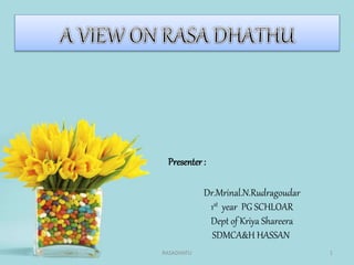 Presenter :
Dr.Mrinal.N.Rudragoudar
1st year PG SCHLOAR
Dept of Kriya Shareera
SDMCA&H HASSAN
1RASADHATU
 