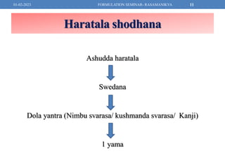 Haratala shodhana
Ashudda haratala
Swedana
Dola yantra (Nimbu svarasa/ kushmanda svarasa/ Kanji)
1 yama
01-02-2023 FORMULA...