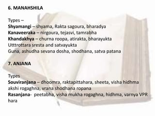 6. MANAHSHILA
Types –
Shyamangi – shyama, Rakta sagoura, bharadya
Kanaveeraka – nirgoura, tejasvi, tamrabha
Khandakhya – churna roopa, atirakta, bharayukta
Utttrottara sresta and satvayukta
Guna, ashudha sevana dosha, shodhana, satva patana
7. ANJANA
Types
Souviranjana – dhoomra, raktapittahara, sheeta, visha hidhma
akshi rogaghna, vrana shodhana ropana
Rasanjana- peetabha, visha mukha rogaghna, hidhma, varnya VPR
hara
 