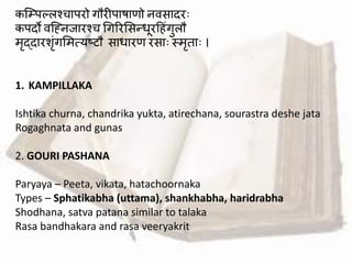 कब्पपल्लश्चापरो गौरीपाषािो नर्सादरः
कपदो र्ब्ह्नजारश्च श्रगररमसन्द्धूरह ांगुलौ
मृद्दारशृांगममत्यष्टौ साधारि रसाः स्मृताः ।
1. KAMPILLAKA
Ishtika churna, chandrika yukta, atirechana, sourastra deshe jata
Rogaghnata and gunas
2. GOURI PASHANA
Paryaya – Peeta, vikata, hatachoornaka
Types – Sphatikabha (uttama), shankhabha, haridrabha
Shodhana, satva patana similar to talaka
Rasa bandhakara and rasa veeryakrit
 