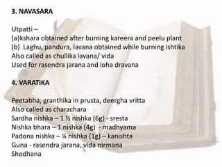 3. NAVASARA
Utpatti –
(a)kshara obtained after burning kareera and peelu plant
(b) Laghu, pandura, lavana obtained while burning ishtika
Also called as chullika lavana/ vida
Used for rasendra jarana and loha dravana
4. VARATIKA
Peetabha, granthika in prusta, deergha vritta
Also called as charachara
Sardha nishka – 1 ½ nishka (6g) - sresta
Nishka bhara – 1 nishka (4g) - madhyama
Padona nishka – ¼ nishka (1g) – kanishta
Guna - rasendra jarana, vida nirmana
Shodhana
 