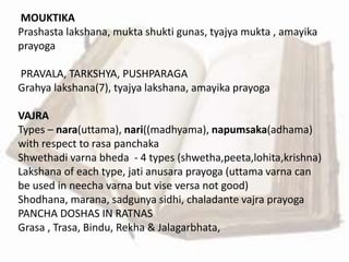 MOUKTIKA
Prashasta lakshana, mukta shukti gunas, tyajya mukta , amayika
prayoga
PRAVALA, TARKSHYA, PUSHPARAGA
Grahya lakshana(7), tyajya lakshana, amayika prayoga
VAJRA
Types – nara(uttama), nari((madhyama), napumsaka(adhama)
with respect to rasa panchaka
Shwethadi varna bheda - 4 types (shwetha,peeta,lohita,krishna)
Lakshana of each type, jati anusara prayoga (uttama varna can
be used in neecha varna but vise versa not good)
Shodhana, marana, sadgunya sidhi, chaladante vajra prayoga
PANCHA DOSHAS IN RATNAS
Grasa , Trasa, Bindu, Rekha & Jalagarbhata,
 
