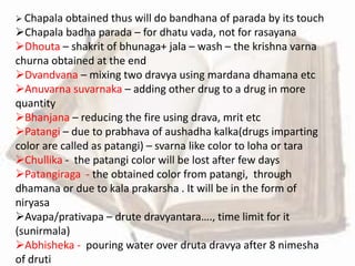  Chapala obtained thus will do bandhana of parada by its touch
Chapala badha parada – for dhatu vada, not for rasayana
Dhouta – shakrit of bhunaga+ jala – wash – the krishna varna
churna obtained at the end
Dvandvana – mixing two dravya using mardana dhamana etc
Anuvarna suvarnaka – adding other drug to a drug in more
quantity
Bhanjana – reducing the fire using drava, mrit etc
Patangi – due to prabhava of aushadha kalka(drugs imparting
color are called as patangi) – svarna like color to loha or tara
Chullika - the patangi color will be lost after few days
Patangiraga - the obtained color from patangi, through
dhamana or due to kala prakarsha . It will be in the form of
niryasa
Avapa/prativapa – drute dravyantara…., time limit for it
(sunirmala)
Abhisheka - pouring water over druta dravya after 8 nimesha
of druti
 