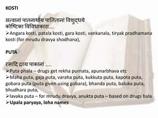 KOSTI
सत्र्ानाां पातनाथावय पातततानाां वर्शुद्धये
कोब्ष्टका वर्वर्धाकारा….
Angara kosti, patala kosti, gara kosti, vankanala, tiryak pradhamana
kosti (for mrudu dravya shodhana),
PUTA
रसाहद रव्य पाकानाां …..
Puta phala – drugs get rekha purnata, apunarbhava etc
Maha puta, gaja puta, varaha puta, kukkuta puta, kapota puta,
gobara puta (puta given using gobara), bhanda puta, baluka puta,
bhudhara puta,
lavaka puta – for mrudu dravya, anukta puta – based on drugs bala
Upala paryaya, loha names
 