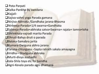  Pota-Parpati
Kalka-Pankha-By swedana
Kajjali-
Sajiva-vahni yoga Parada gamana
Nirjiva-Abhraka /Gandhaka jarana-Bhasma
Nirbeeja-Parada+1/4 swarna+Gandhaka
Sabeeja-Parada+abhraka satva+Swarna+ rajata+ tamra+loha
Shrinkhala-vajradi marita Parada
Dhruti-Bahya druti o parada
Balaka-Samabra jarita
Kumara-Dwiguna abhra jarana
Taruna-chturguna –Sapta ratrath sakala amayagna
Vridha—Shadguna abhraka
Murti-divya aushadhi
Jala-Shila toya etc for bandha
Agni-Kevala parada agni dhamana
 