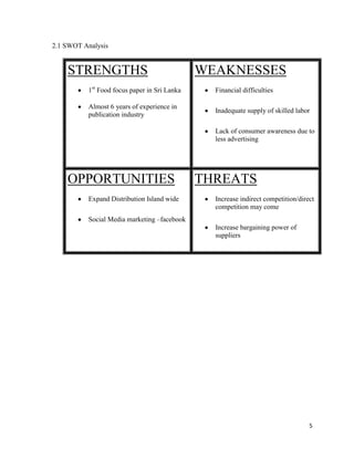 2.1 SWOT Analysis


    STRENGTHS                                  WEAKNESSES
           1st Food focus paper in Sri Lanka     Financial difficulties

           Almost 6 years of experience in
                                                 Inadequate supply of skilled labor
           publication industry

                                                 Lack of consumer awareness due to
                                                 less advertising




    OPPORTUNITIES                              THREATS
           Expand Distribution Island wide       Increase indirect competition/direct
                                                 competition may come
           Social Media marketing –facebook
                                                 Increase bargaining power of
                                                 suppliers




                                                                                   5
 