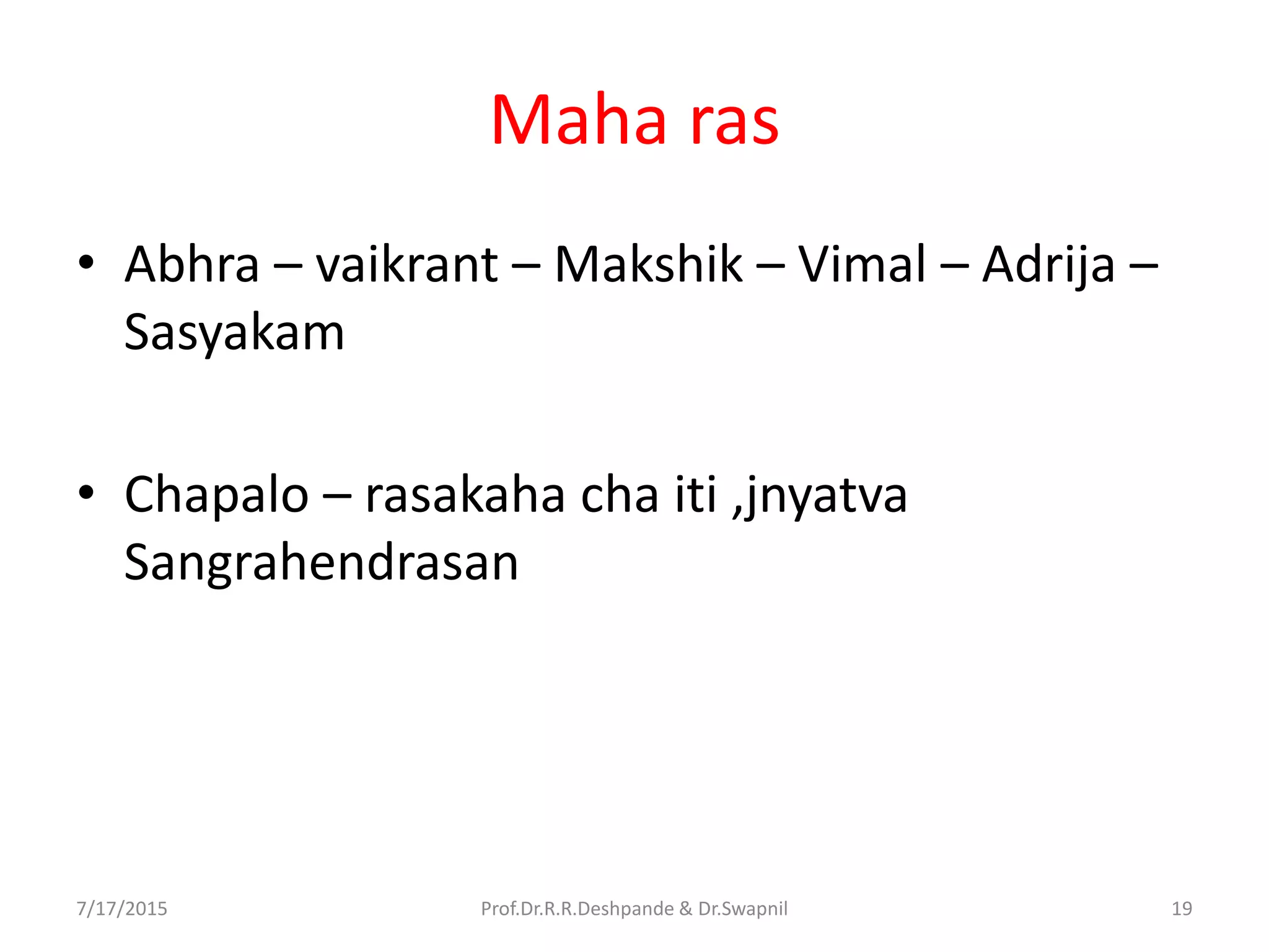 Maha ras
• Abhra – vaikrant – Makshik – Vimal – Adrija –
Sasyakam
• Chapalo – rasakaha cha iti ,jnyatva
Sangrahendrasan
7/17/2015 19Prof.Dr.R.R.Deshpande & Dr.Swapnil
 